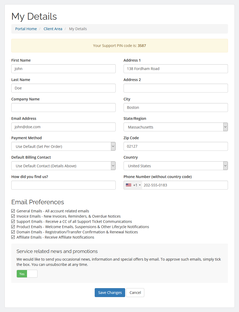 ScalaHosting Client Area, Editing personal information