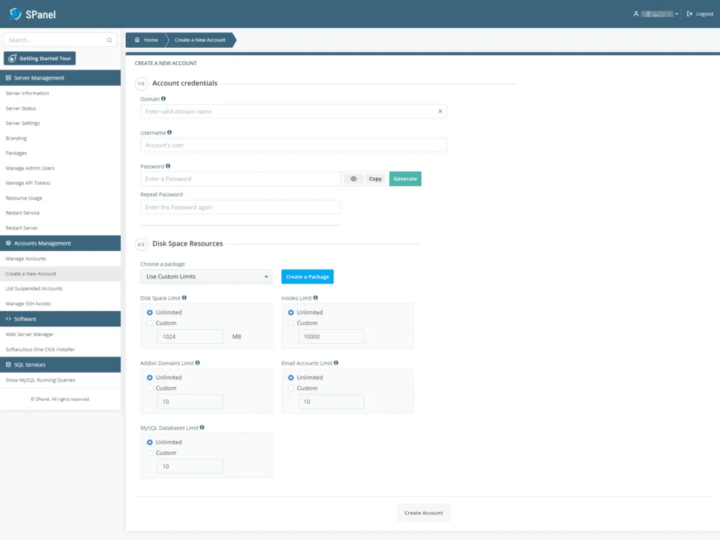 Getting Started with SPanel, Managing accounts with SPanel