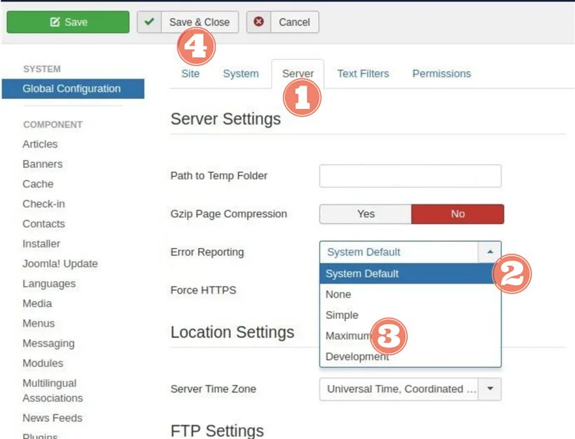 How to Enable Joomla PHP Error Reporting, Option 1: The Joomla Admin Panel 2